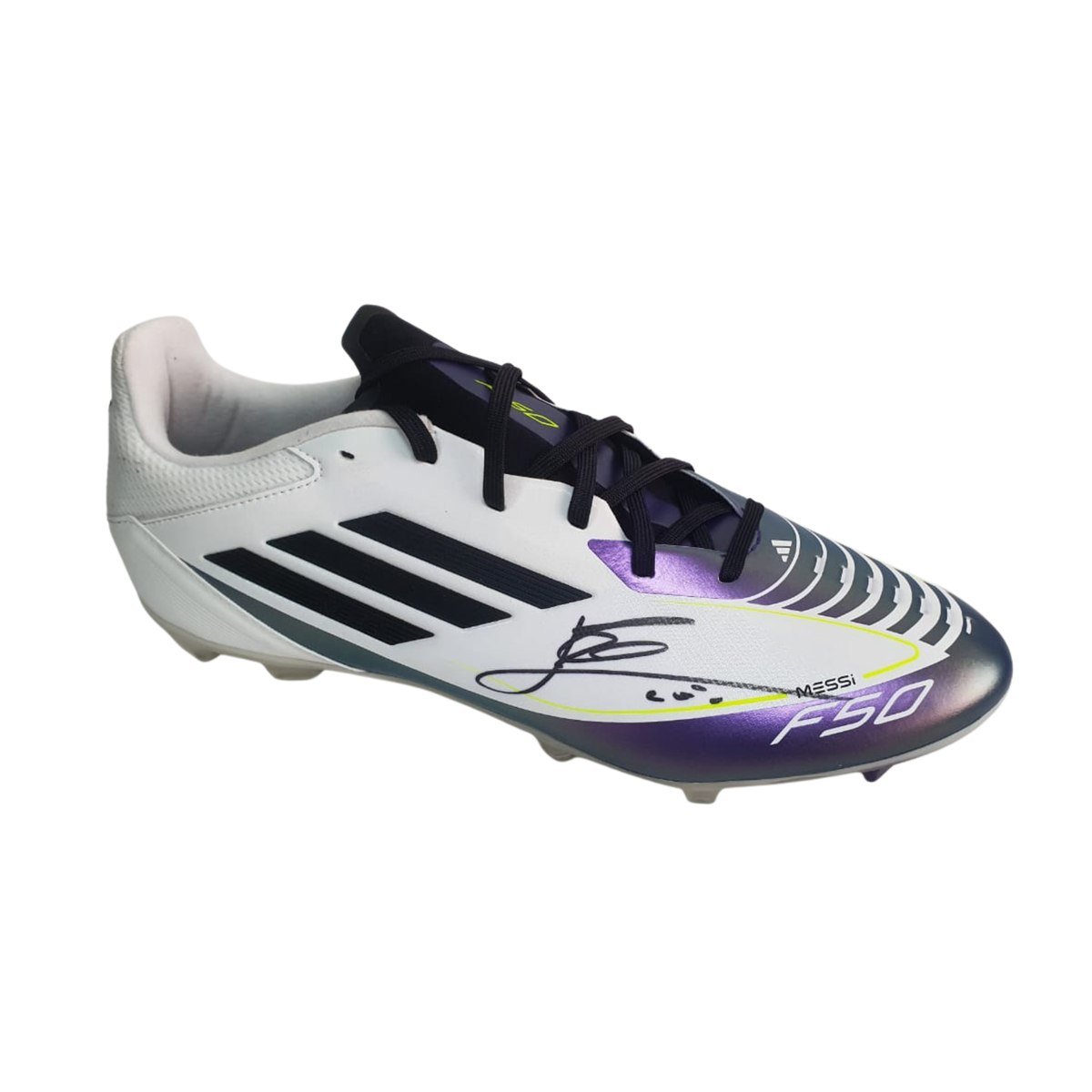 Lionel Messi Signed adidas F50 Football Boot White/Purple in Premium Acrylic Display Case