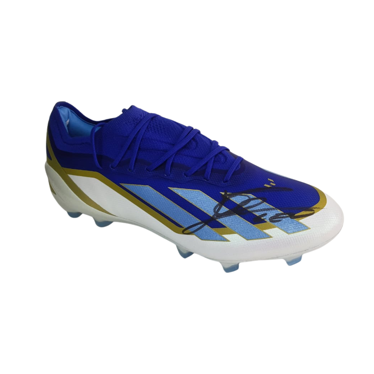 Lionel Messi Signed adidas F50 Football Boot White/Blue in Premium Acrylic Display Case